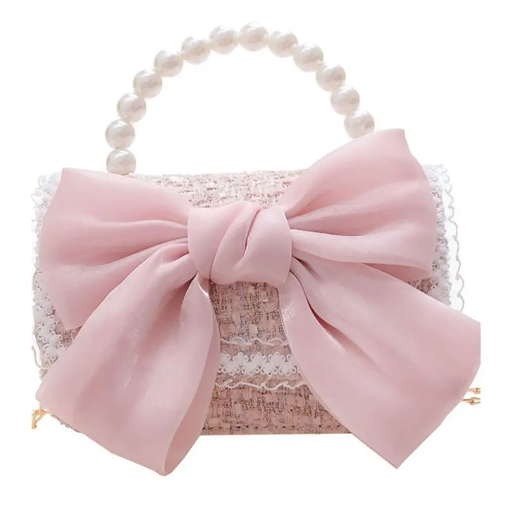 Elegant Synthetic Leather Princess Bag Pearl Decorated Handheld Crossbody Bag Pearl Handbag Children