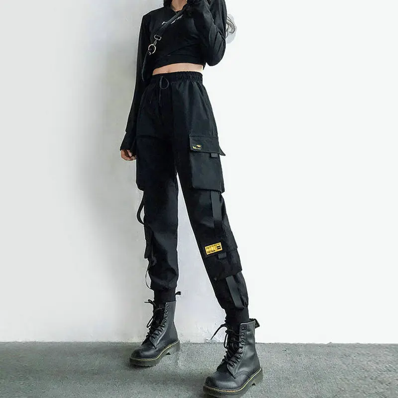 Women\'s Cargo Pants Black Ribbon Pocket Jogger Elastic Waist High Streetwear Harajuku Pant Punk Females Trousers Harem Pants