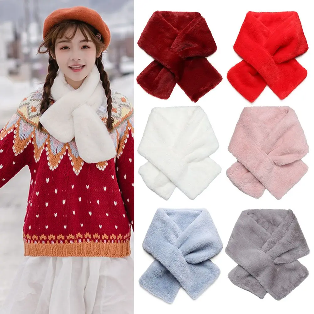 Women Winter Warm Faux Rabbit Fur Plush Neck Warmer Solid Color Neckerchief Wrap Cross Scarf