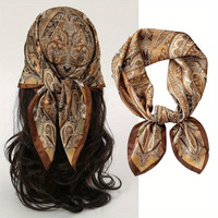 New Paisley Houndstooth Printed Square Scarf Coffee Color Thin Smooth Neck Scarf Vintage Style Sunscreen Headscarf For Women