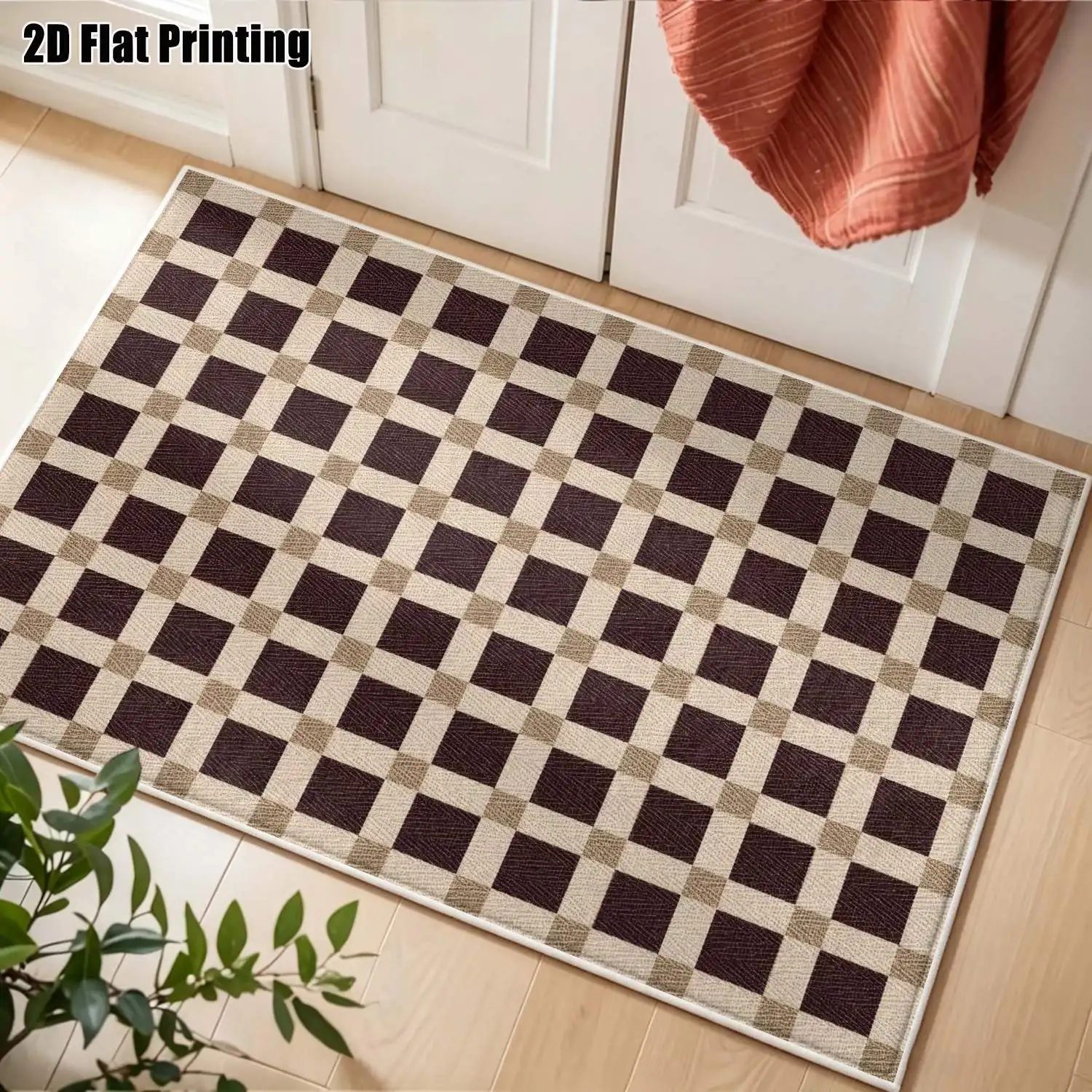 1Pc 2D Printed Brown White Geometric Checkered Velvet Carpet, Nordic Modern Minimalist Vintage Style, Multi-Size Washable, for Home Decor, Entrance Dining Bedroom Living Room Use