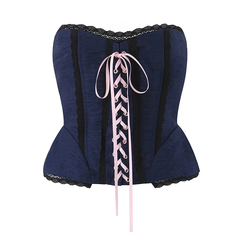 

YENKYE 2026 Новинка: Женский темно-синий корсет с кружевной отделкой, розовый кружевной топ без бретелек на шнуровке, летний сексуальный кроп-топ для клубных вечеринок в стиле Y2K
