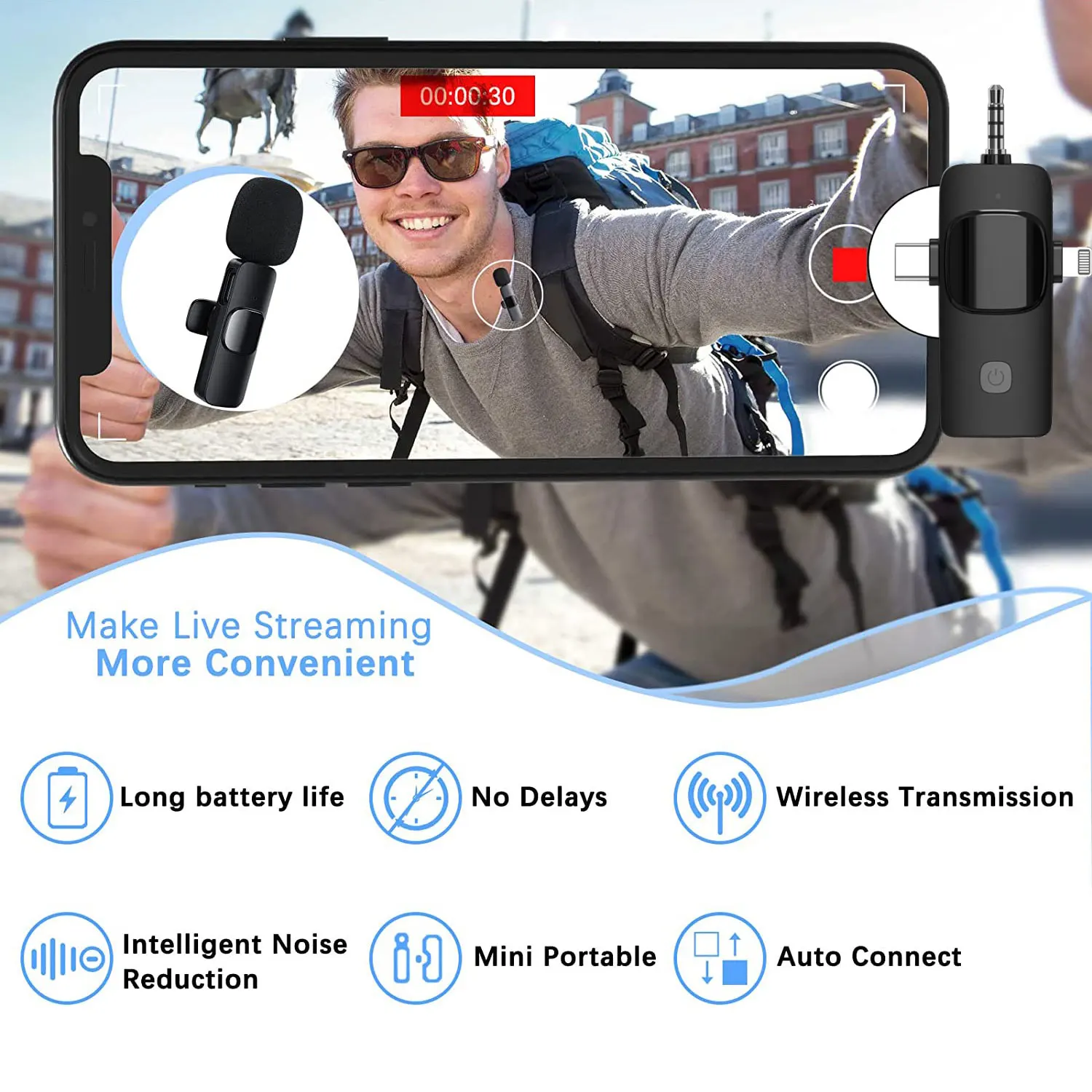 4 in1 Professional Wireless Lavalier Microphone for Interviews Video Podcast for iPhone/iPad/Android/Smartphone/Camera/Computer