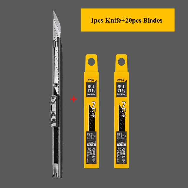 Deli 9 mm schwarzes Allzweckmesser, 30 Grad scharfer Kohlenstoffstahl, abschließbare Sk5-Klingen, automatisch verriegelnde Designmesser für das Heimbüro