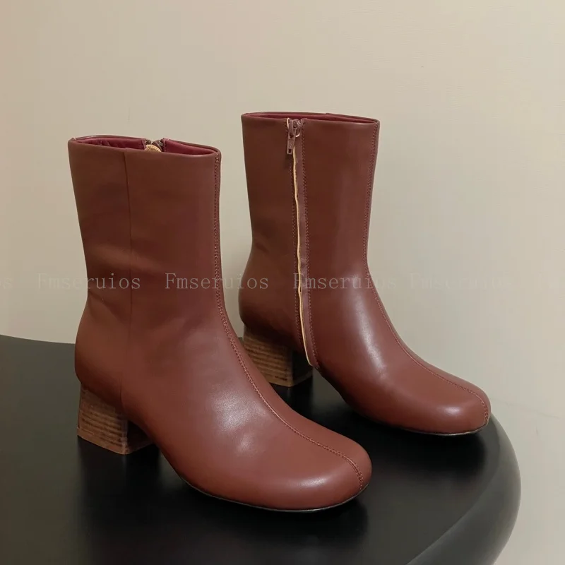 

Женские ботильоны в лаконичном дизайне, элегантные модные короткие ботинки с круглым носком и квадратным каблуком, качественные ботинки из натуральной кожи на молнии