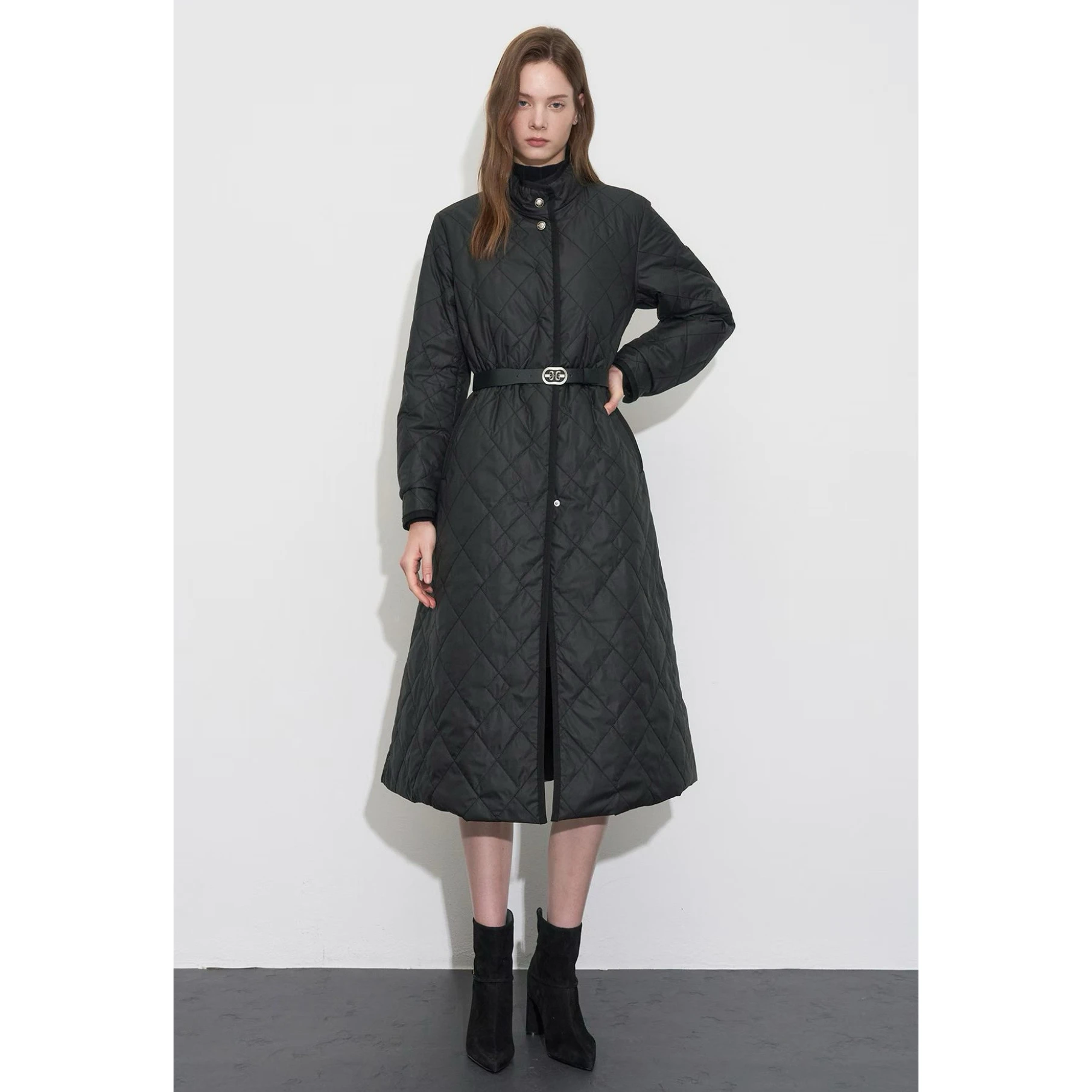 OBZ25 Herfst Lange Citroen Kaas Donsjas Met Riem Diamant Patroon Veelzijdige Rechte Cut Pendelen Sle Damesjas