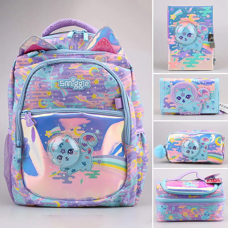 Australian Backpack Smiggle Cartoon Cute Blue Space Cat Backpack Student Reduced Burden Backpack Girl Travel Bag Wallet Set