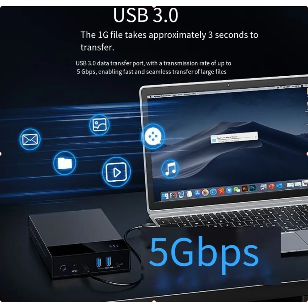 3.5 Inch SATA Hard Drive Enclosure With 2A+1C USB3.0 HUB, 2.5/3.5 Inch SSD HDD Up To 24TB External Disk Reader For Desktop PC