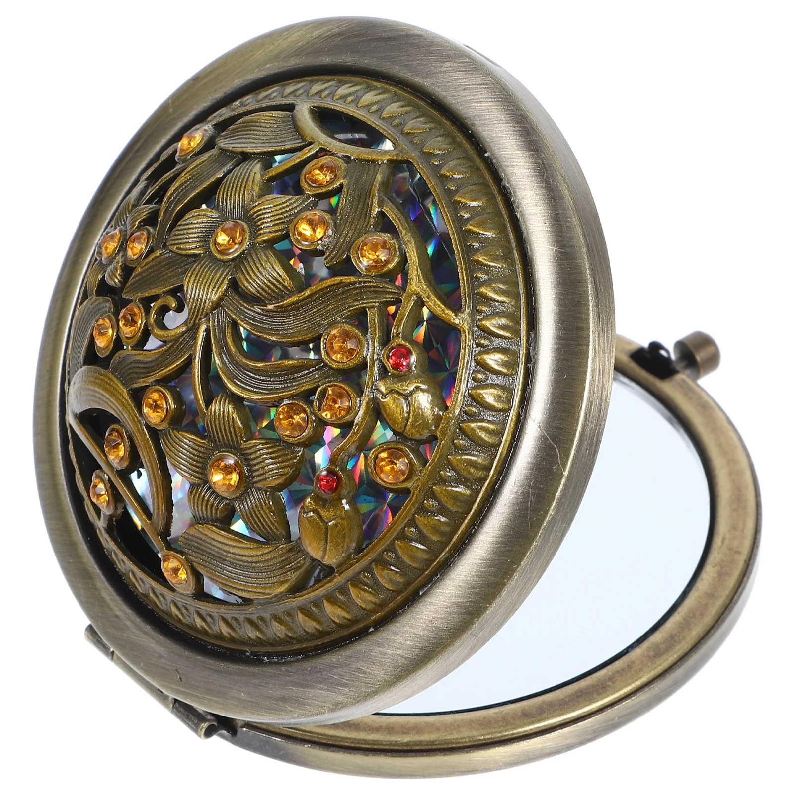 

Retro Makeup Mirror Portable Mini Folding Round Rhinestones Pocket Hand Mirror Travel Supplies Compact Wear Resistant Foldable