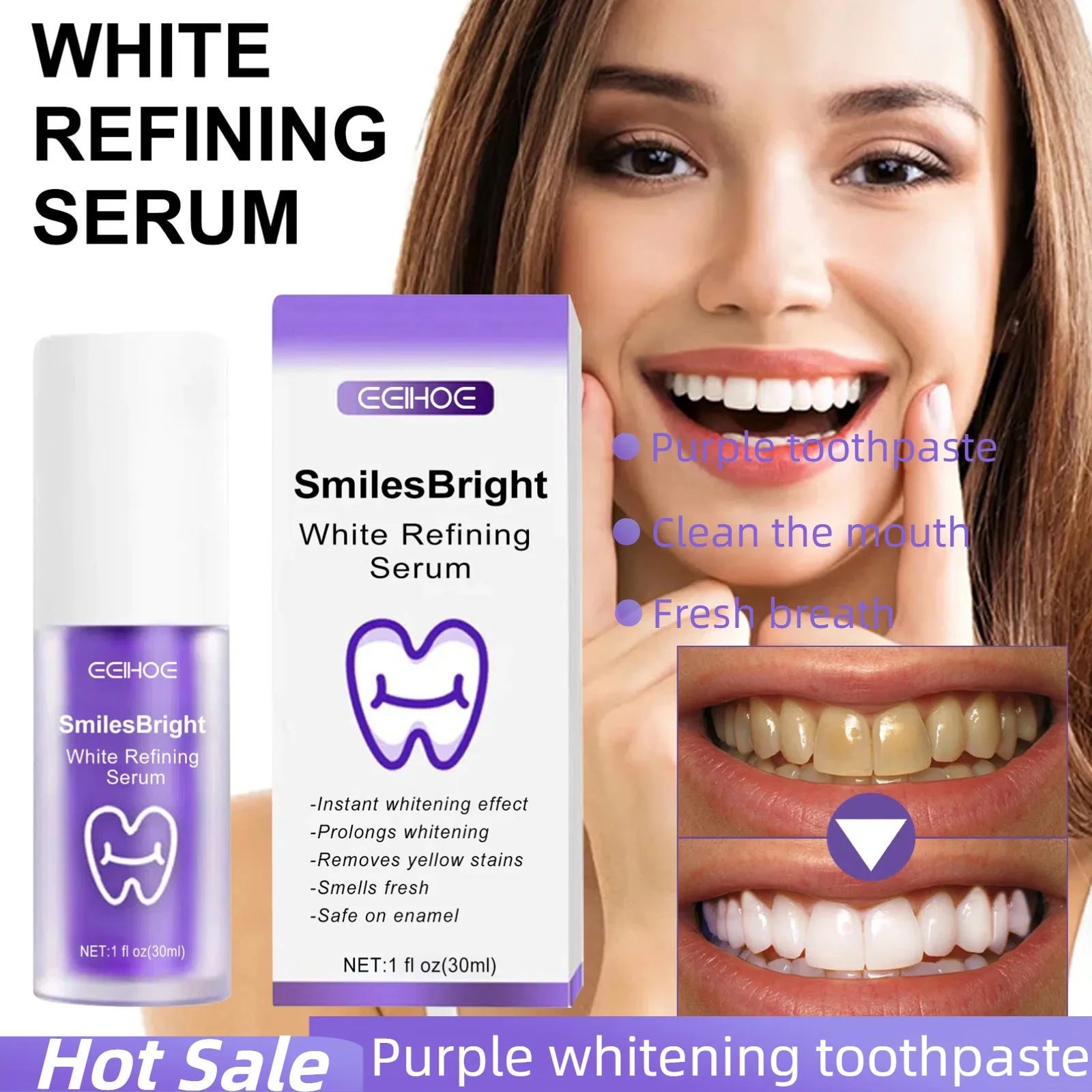 Pasta de dente branqueadora roxa, limpa manchas e odores, ilumina os dentes e gengivas, pasta de dente roxa, remove tártaro, higiene oral limpa