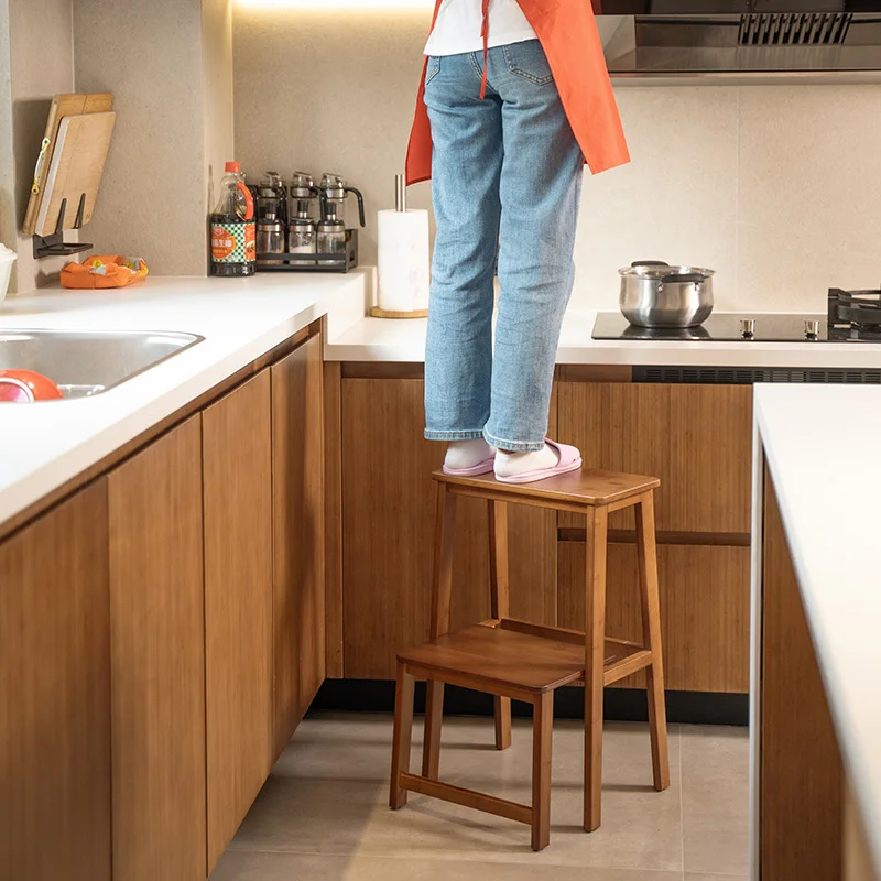 Multifunctional 2-Step Wooden Step Stool with Storage Shelf Kitchen Climbing Ladder High Household