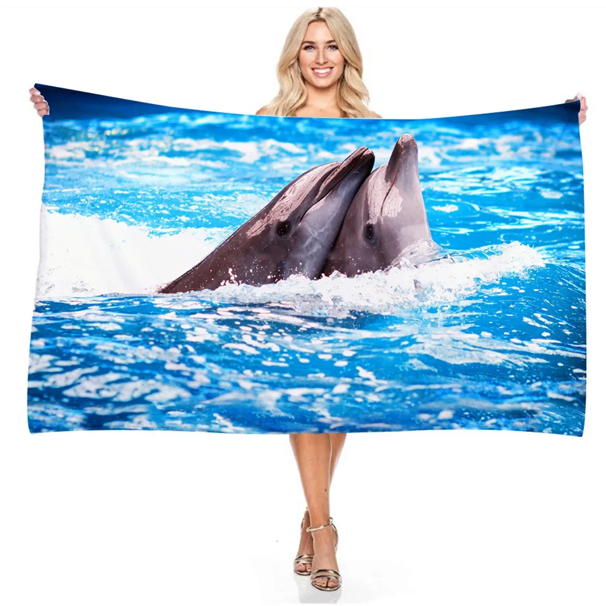 Blue Leaping Dolphin Animal Design Beach Towel Quick Drying Absorbent Soft Family Bathroom Outdoor Multifunctional Women Kid Men