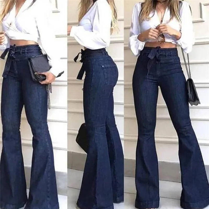 Belted Stretch SlimBelt High Waist Flared Jeans Women's Elastic Waisand PullUp Denim Pants Street Sle Asymmetric Long Tro...