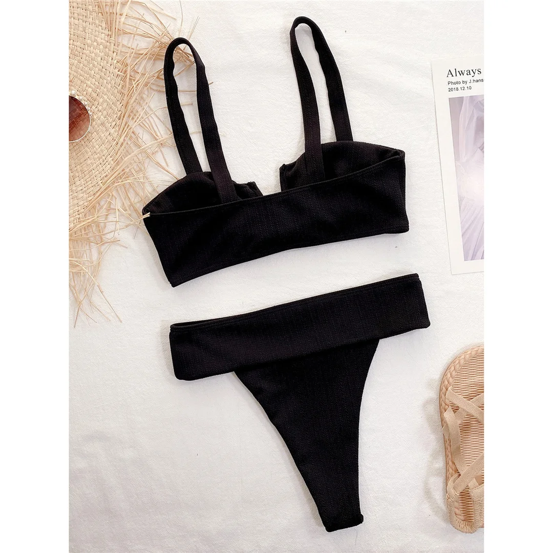 Schwarzer, hoch geschnittener, V-förmiger, gerippter Bikini, Damen-Badeanzug, zweiteiliges Bikini-Set, Badebekleidung, Badeanzug, Schwimmbekleidung V7873 – Detail 6