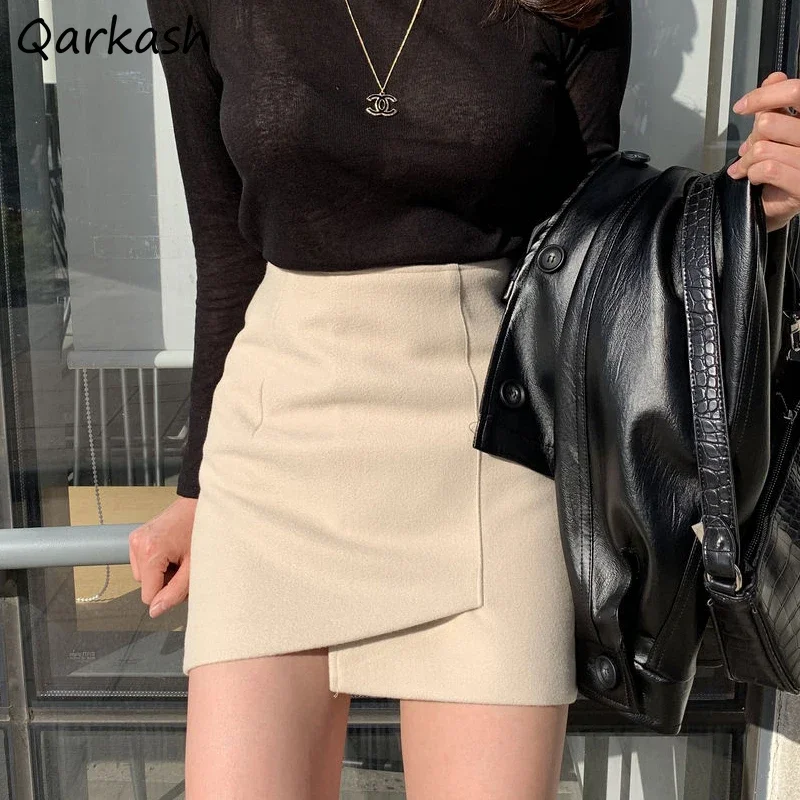 Slim Skirts Women New Solid Fashion Irregular Mini High Street Sexy Stylish Korean  Wear All-match Wool Chic Girl Mujer