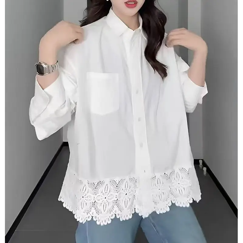 

Lace Splicing Bottom White Shirt Women's 2025 Spring Style Shirt Loose Top