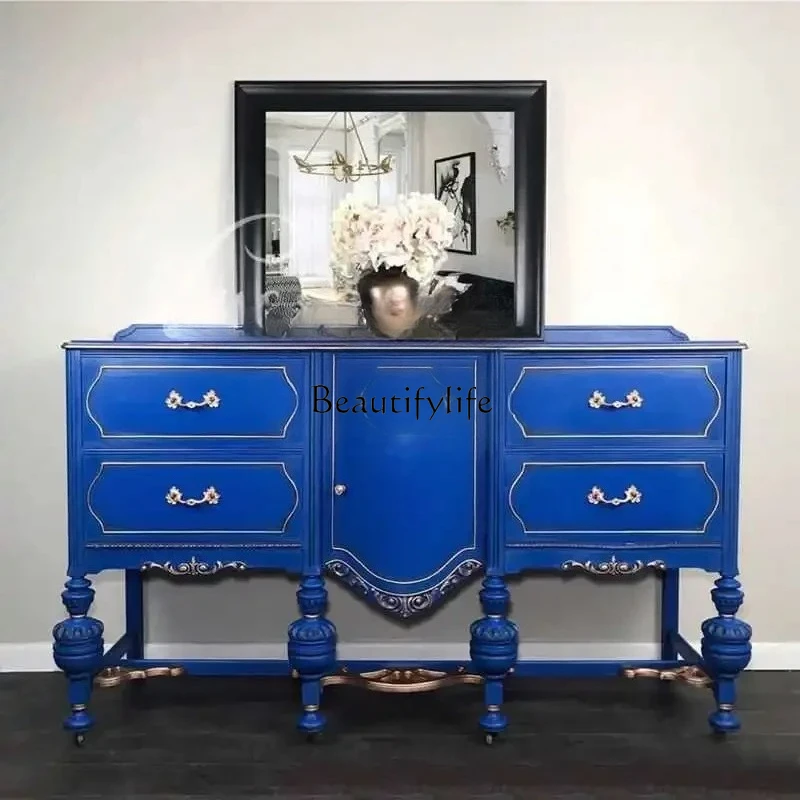 

French retro solid-entry wooden porch cabinet, living room locker, carved storage partition6220