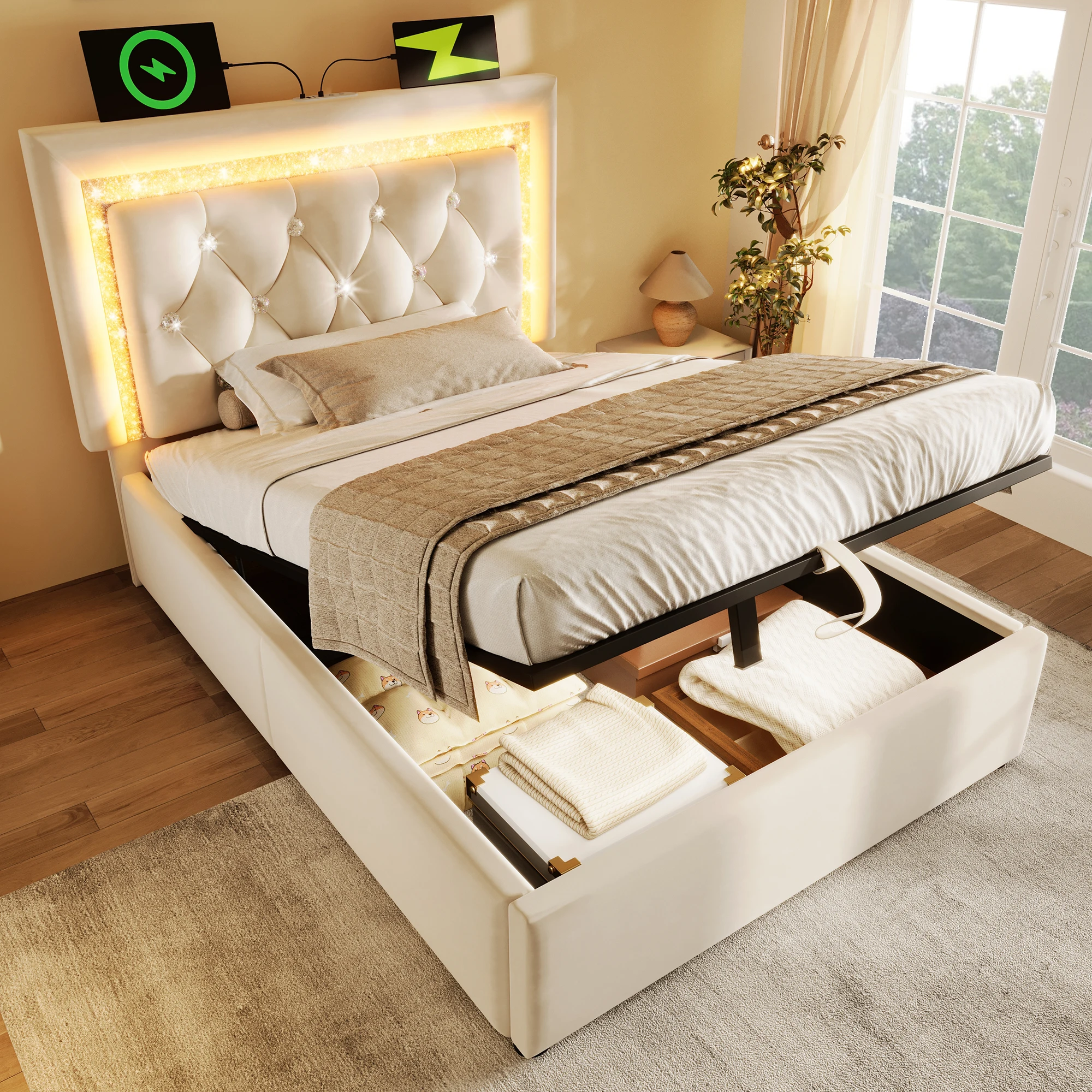 Lit coffre HOUSE 90x200 cm - Lit avec LED et USB, sommier à lattes et rangement hydraulique, velours beige, sans matelas
