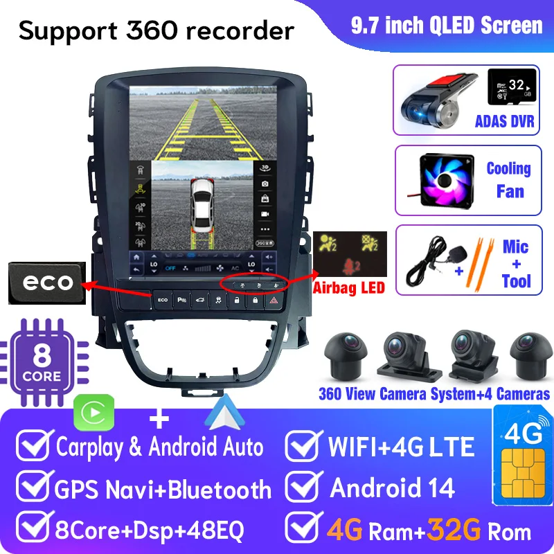 Android 14 Auto Multimedia GPS Voor Opel Astra J Vauxhall Buick Verano 2010-2017 Radio Verticaal Scherm Carplay Tesla stijl ECO
