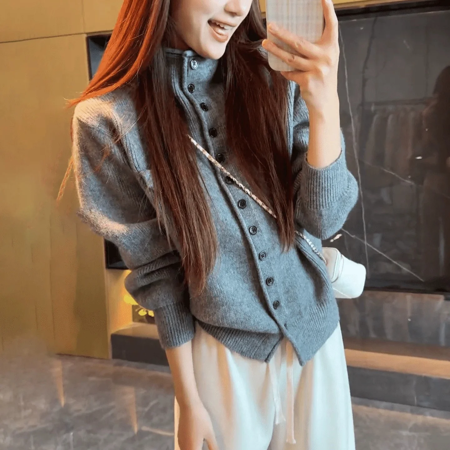 Autumn Winter Ladies 100% Pure Wool Cardigan Button Knitted Turtleneck Slim Fit Solid Color Best Selling Women's Coat