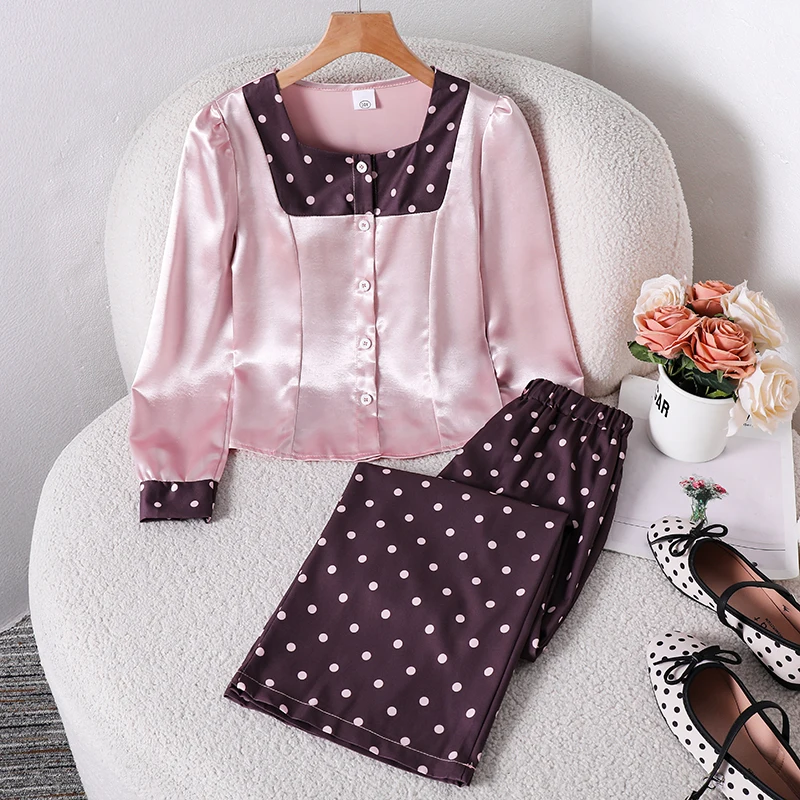 Teen Girls Glossy Fabric Casual Set, Button Front Color Block Blouse Matching High Waist Polka Dot Loose Trousers For Daily Wear