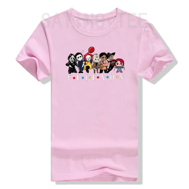 女性のためのホラー文字のTシャツ,ハロウィーンの衣装,面白いグラフィックウェア,半袖の服,ロマンチックなTシャツ,ギフト,ホラー映画