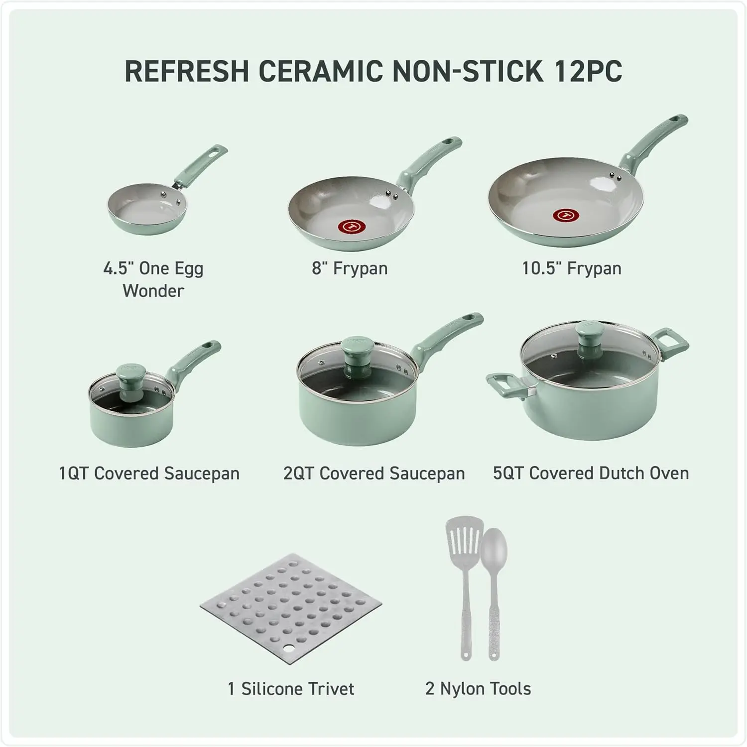 Refresh Ceramic, Ceramic Non Stick Cookware Set 12 Piece, Oven Broiler Safe 350F, Cookware, Kitchen Cooking Set w/Fry Pans