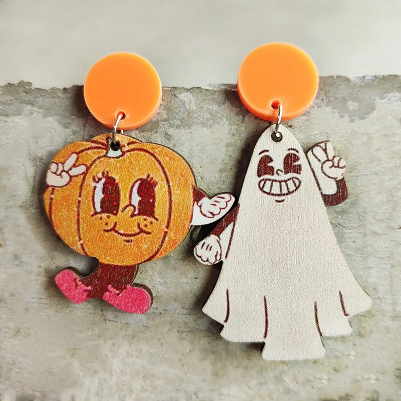 Laser Cut Wood Ghost Halloween Earrings New Wooden Spider Pumpkin Teardrop Earring for Women All Saints' Day Jewelry