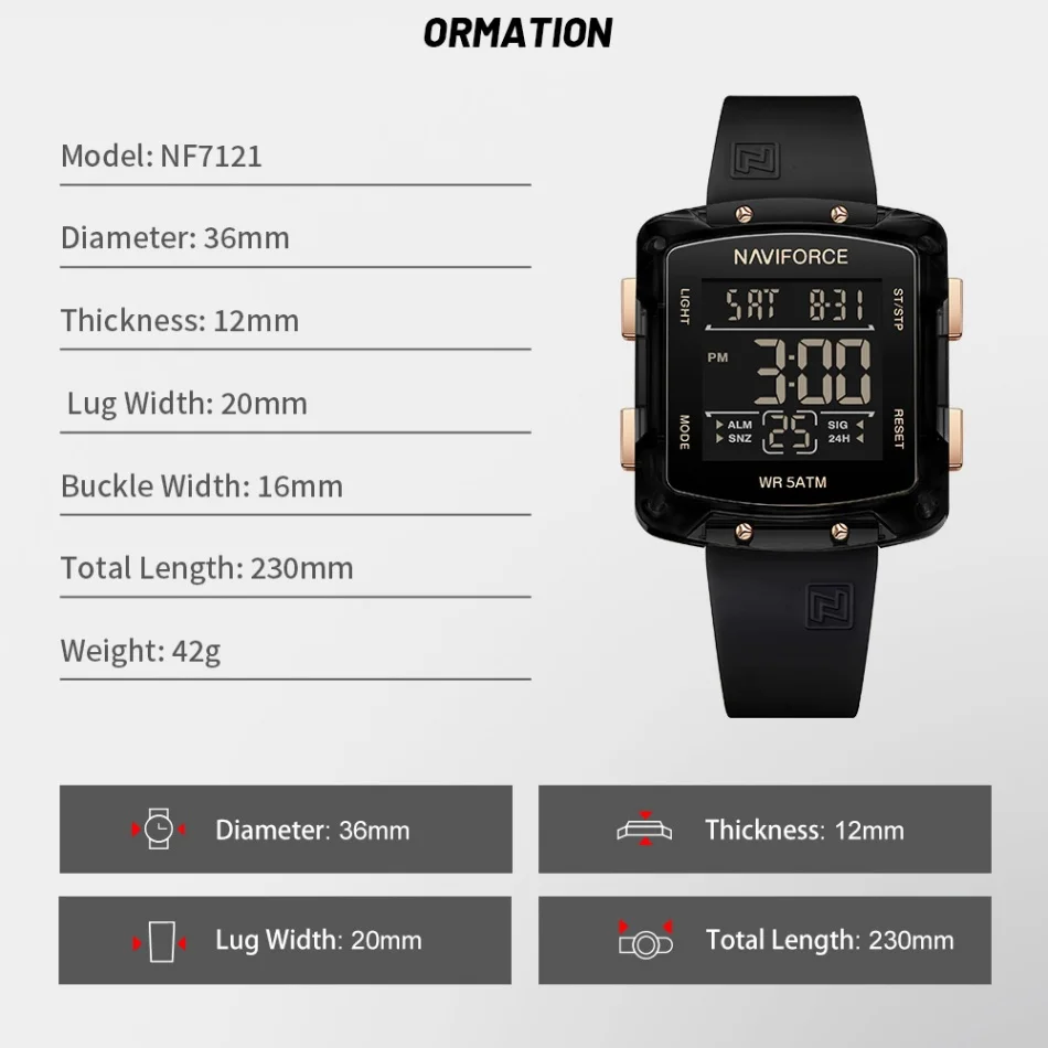 ساعة رياضية للرجال من NAVIFORCE مع شاشة عرض إلكترونية من السيليكون للرجال، مقياس بخار العد التنازلي، منبه التقويم، ساعة عرض الأسبوع