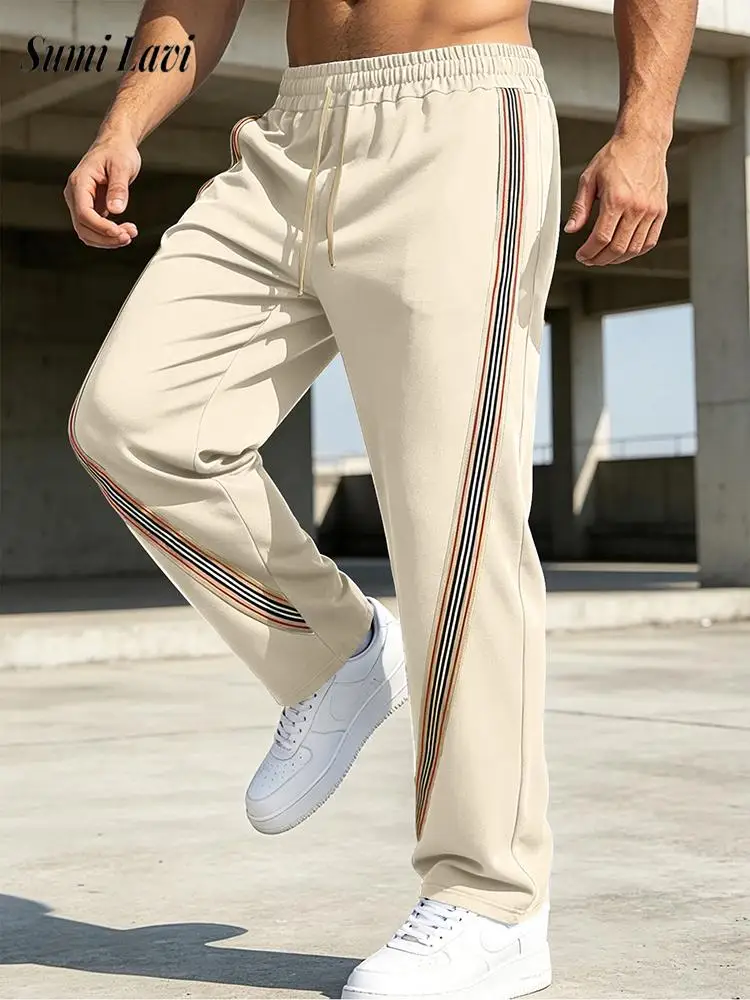 

Fashionable Mens Drawstring Trousers Vintage Loose Straight Sweatpants Spring Summer Men New Casual Drawstring Striped Trousers