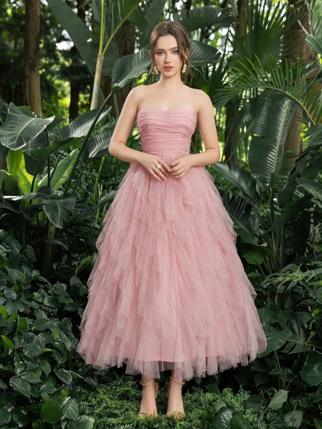 Elegant Strapless Tulle Dress with Ruched Bodice and Cascading Ruffles for Prom, Homecoming, or Formal Events