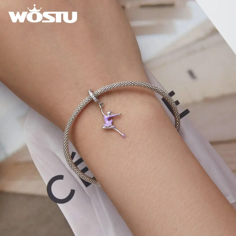 WOSTU 925 Sterling Silver Dreamy Ballet Girl Shoes Hanging Bead Rainbow Lollipop Charm Fit Original Bracelet DIY Jewelry Making