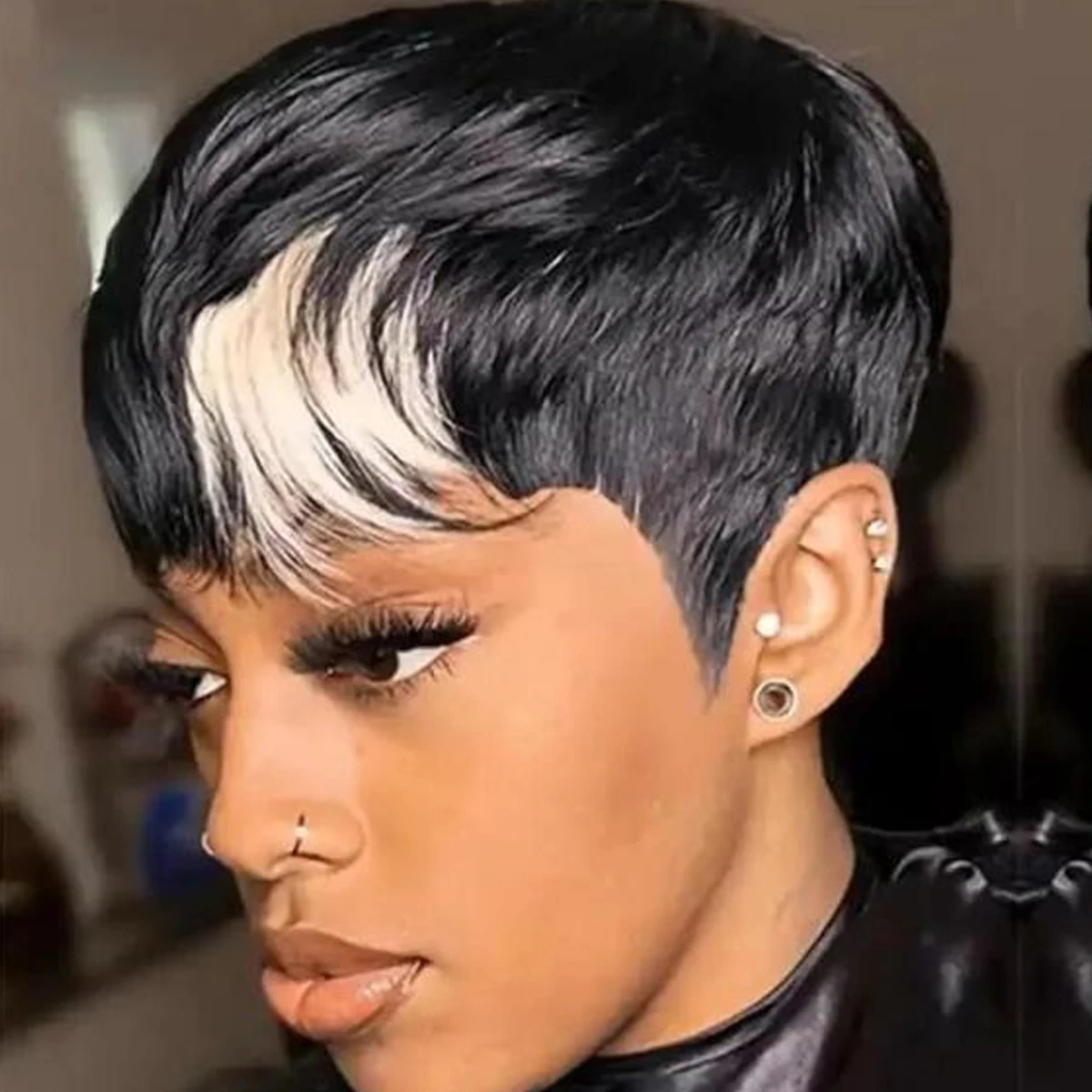 

Short Bob Wig for Black White Pixie Cut wigs synthetic Wig None Front Wig with Bangs Natural Black Straight Full Machine Made