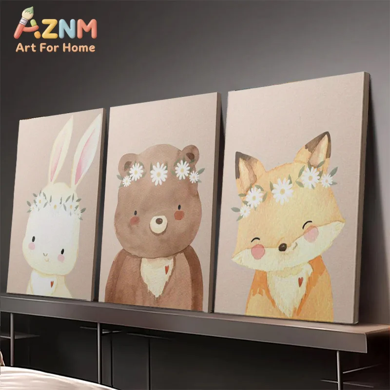 AZNM Watercolor Flower Wreath Animal Canvas Wall Art Rabbit Bear Fox Pattern Frameless Canvas Painting Nursery Kids Bedroom Home