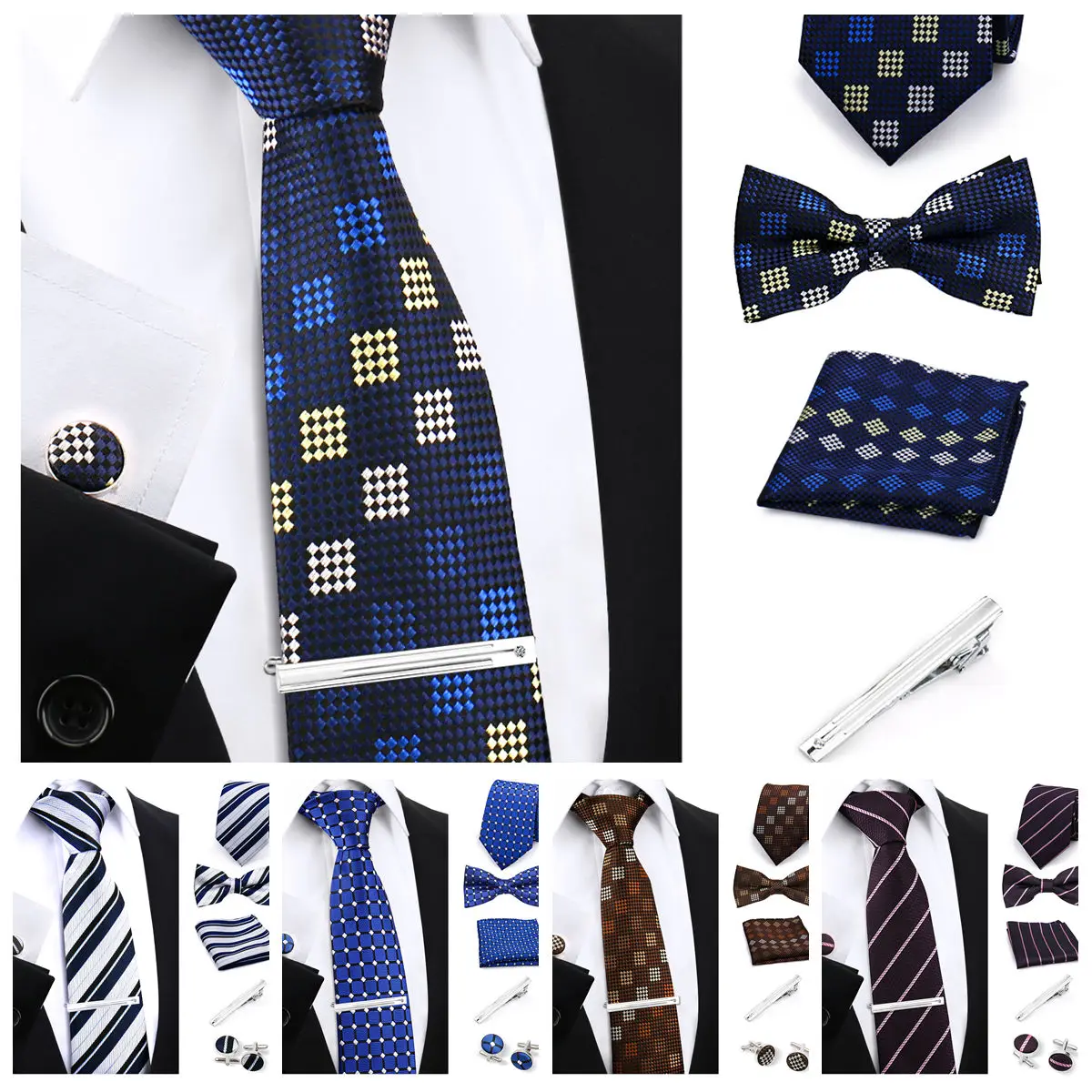 

55 Men Tie Sets 5 Pcs Luxury Classic Stripe Pocket Square Bow Tie Cufflinks Tie Clip Paisley Floral Polka Dot Wedding Business