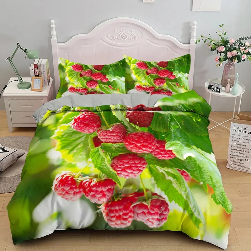 Red Raspberry Duvet Cover Twin King Size Natural Botanical Bedding Set,Kawaii Fruit Bedding Set for Girls Boys Kawaii Room Decor