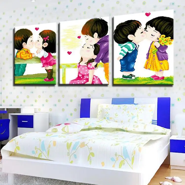 Pure handmade cross stitch finished product, love childhood sweetheart, intimate baby, triptych painting new living room