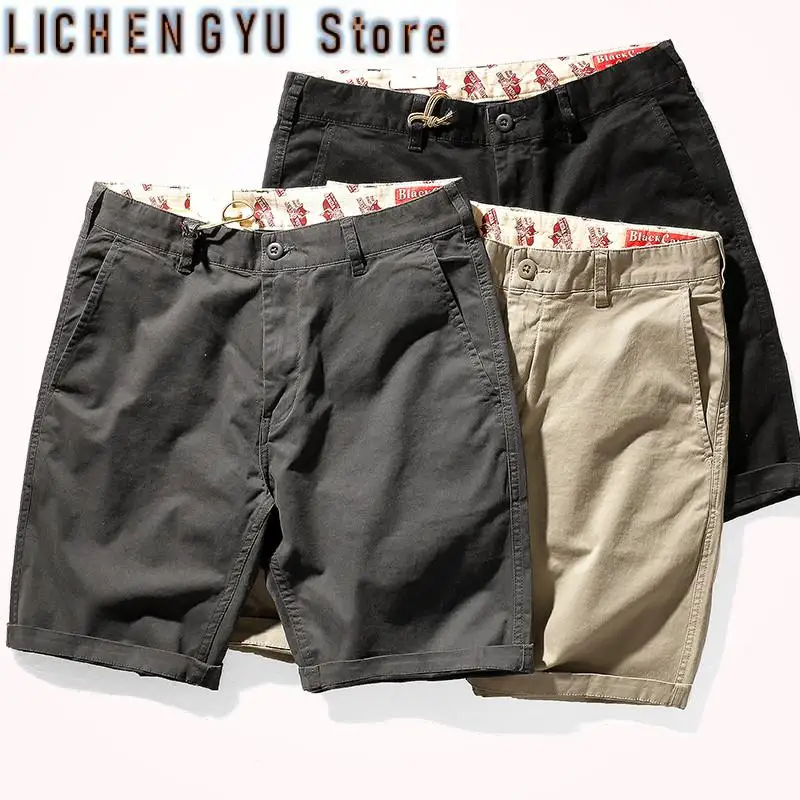 Summer New Casual Shorts Men's Fashion Pure Cotton Washed Old Elastic Twill Fabric Business Knee Length Straight Pants