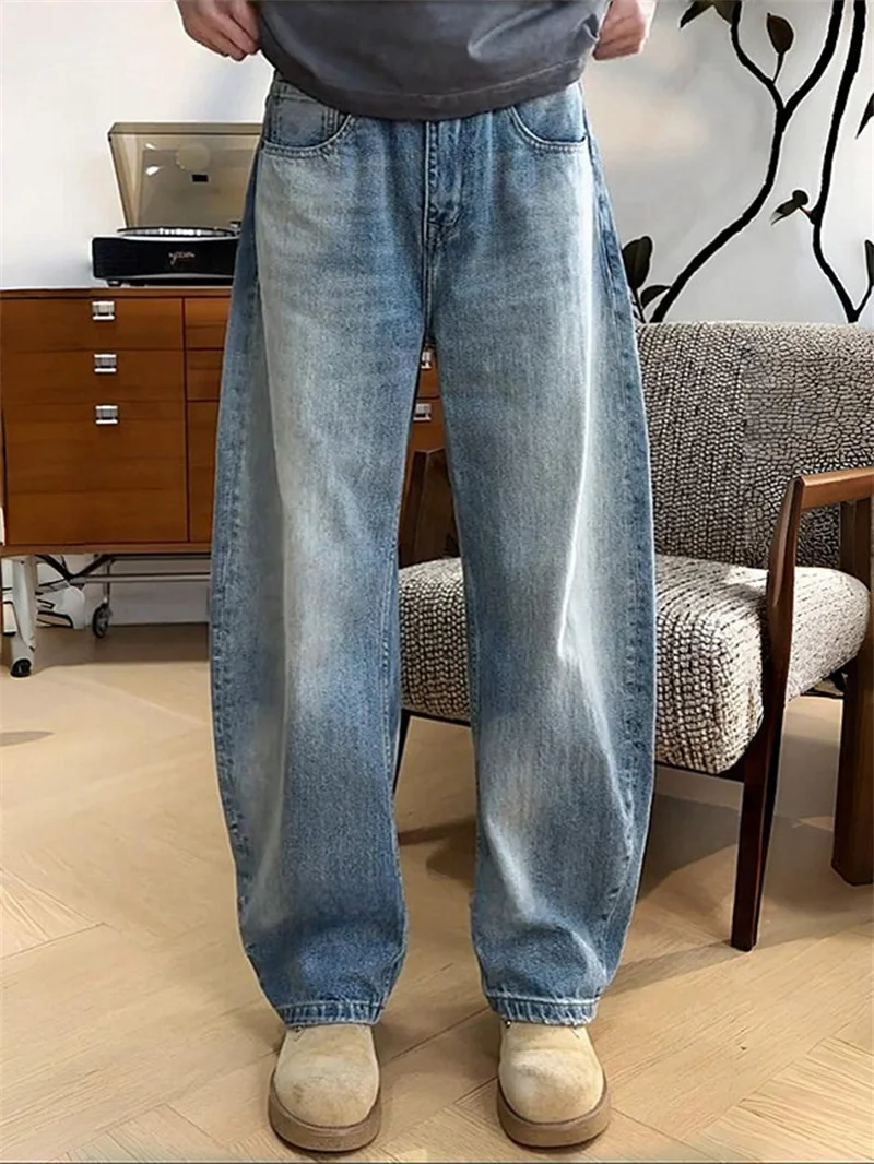 

Мужские прямые джинсы, зимние, в стиле ретро, широкие брюки, свободные, универсальные, в стиле Гонконг, длинные брюки, повседневная одежда