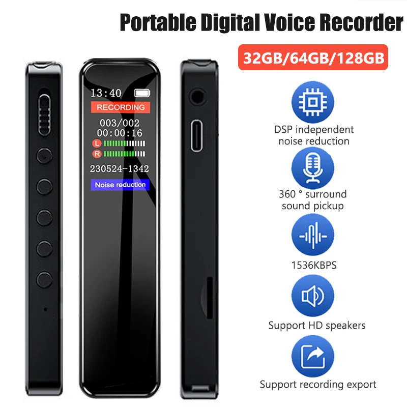 128G Digital Voice Recorder Noise Reduction Record with Playback MP3 Music Player Voice Activated Record 1536KBPS HD Recording