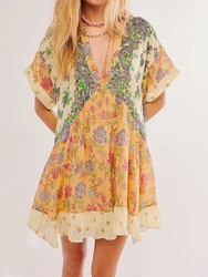 Women's Summer Babydoll Dress Bohemian Floral Print Short Sleeve V-Neck Flowy Dress with Pockets Leisure Retro Fashion Elegant