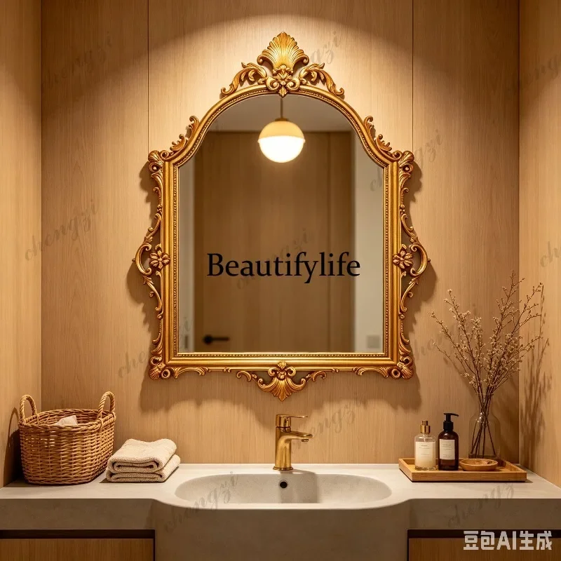 JJ132 French special-shaped wall-mounted bathroom mirror gold makeup mirror retro carved decorative mirror