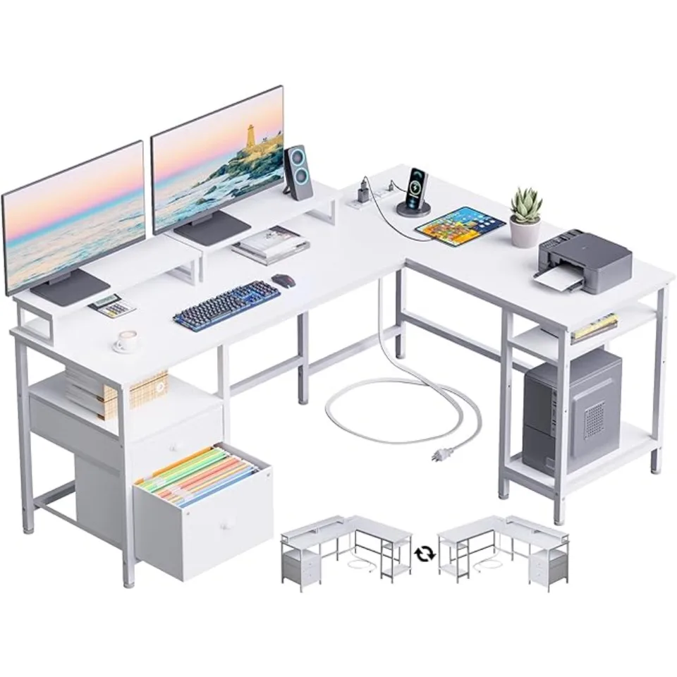 White L Shaped Desk with Power Outlet Storage