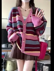 Striped Knitted Cardigan Top for Women New Design Loose and Lazy College Style Sweater Jacket