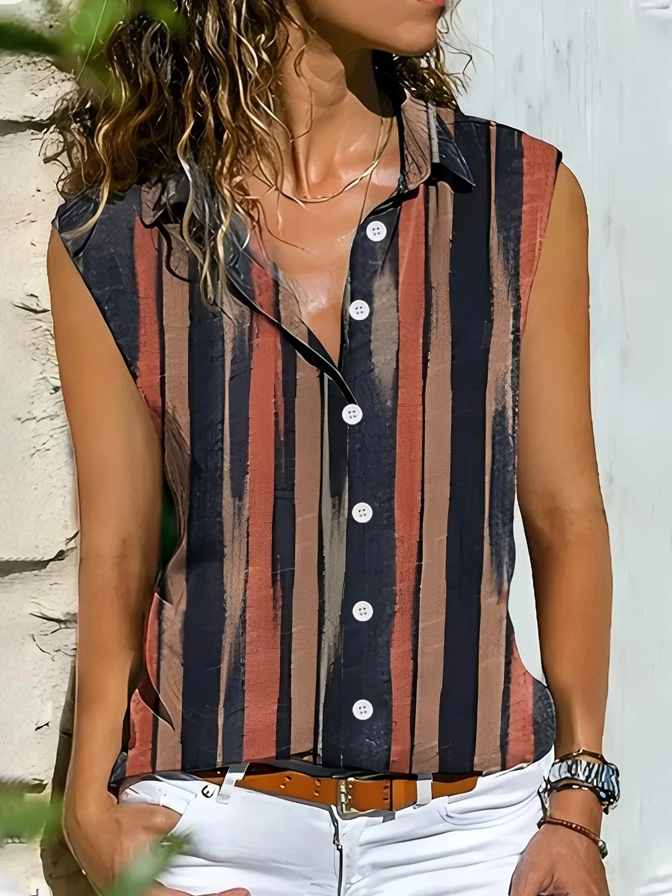 2025 New Woman Cardigan Blouse Casual Summer Lapel Loose Sleeveless Shirt Button Striped Trendy Printed Beach Women's Tank Tops