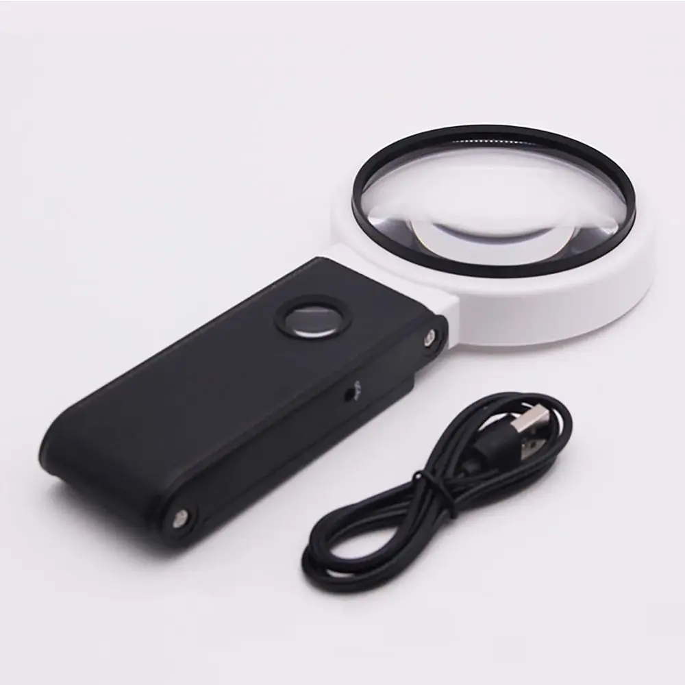 Folding Design Magnifying Glass with Light Stand Handheld Powered by Battery or USB LED Illuminated Magnifier 2UV+6LED Light