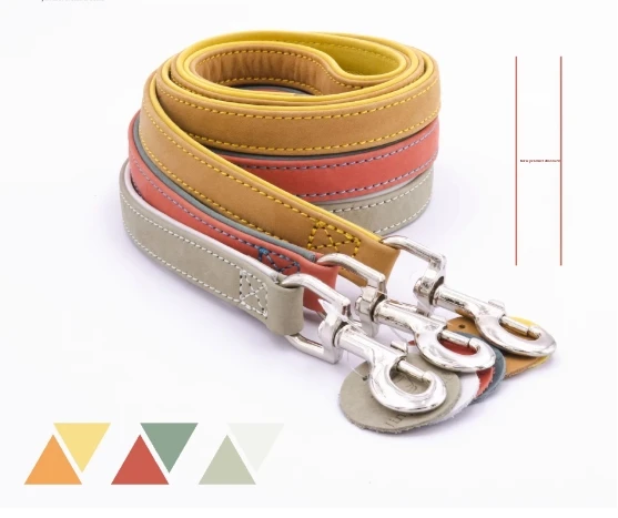 

Genuine Color-Block Matte Leather Dog Walking Leash Solid Two-Tone Pet Collar with Ribbons Decoration