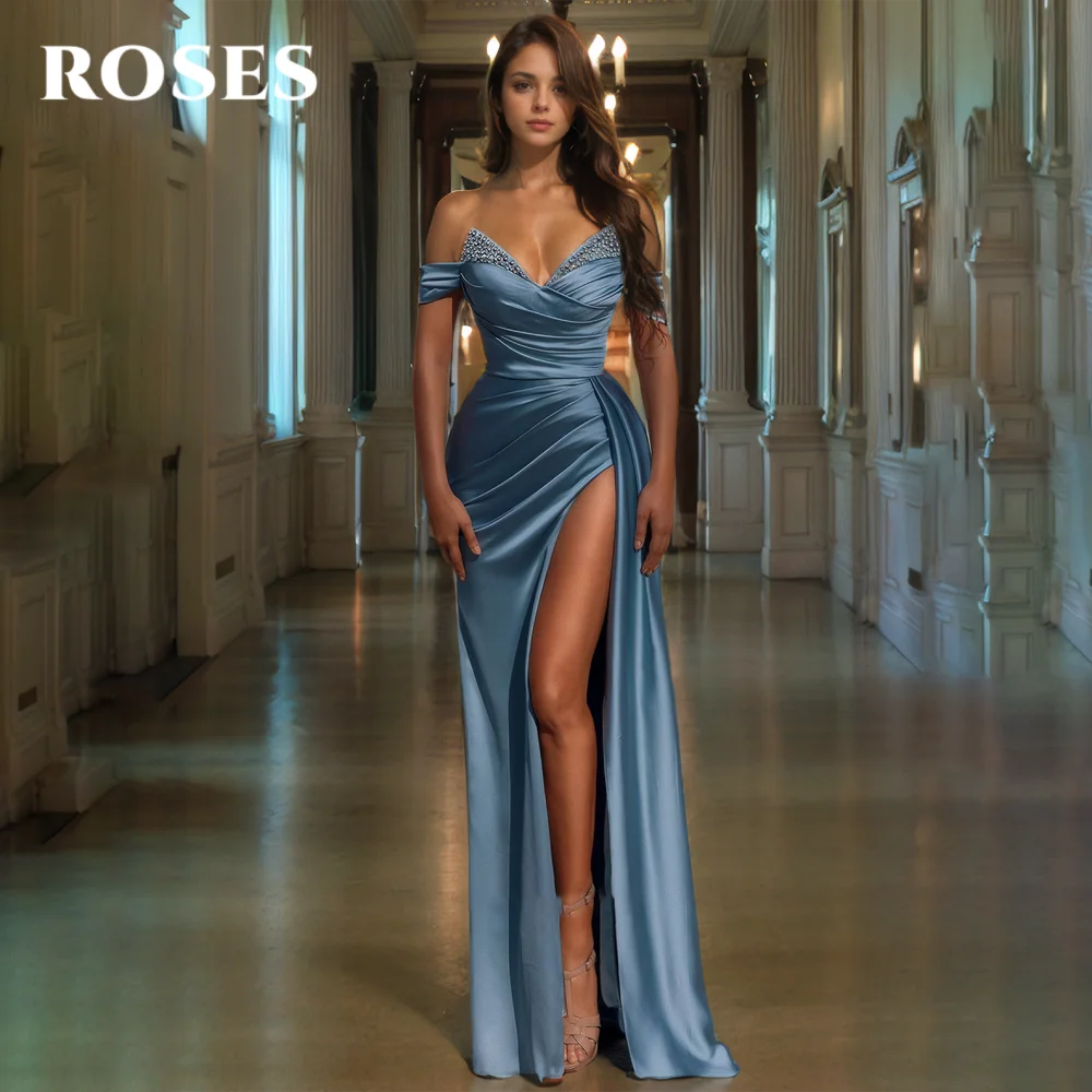 

ROSES Blue Elegant Prom Dress V-Neck Off the Shoulder Backless Prom Gown with Sequins Satin Side Split Party Dresses Customized