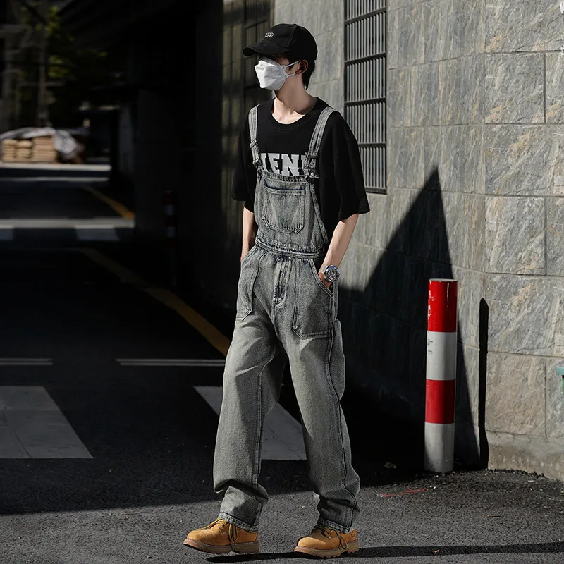 

Overalls Spliced Men Jeans Ankle Length Straight Denim Pants Pockets One Piece Loose Distressed Jean Solid Washed Vintage