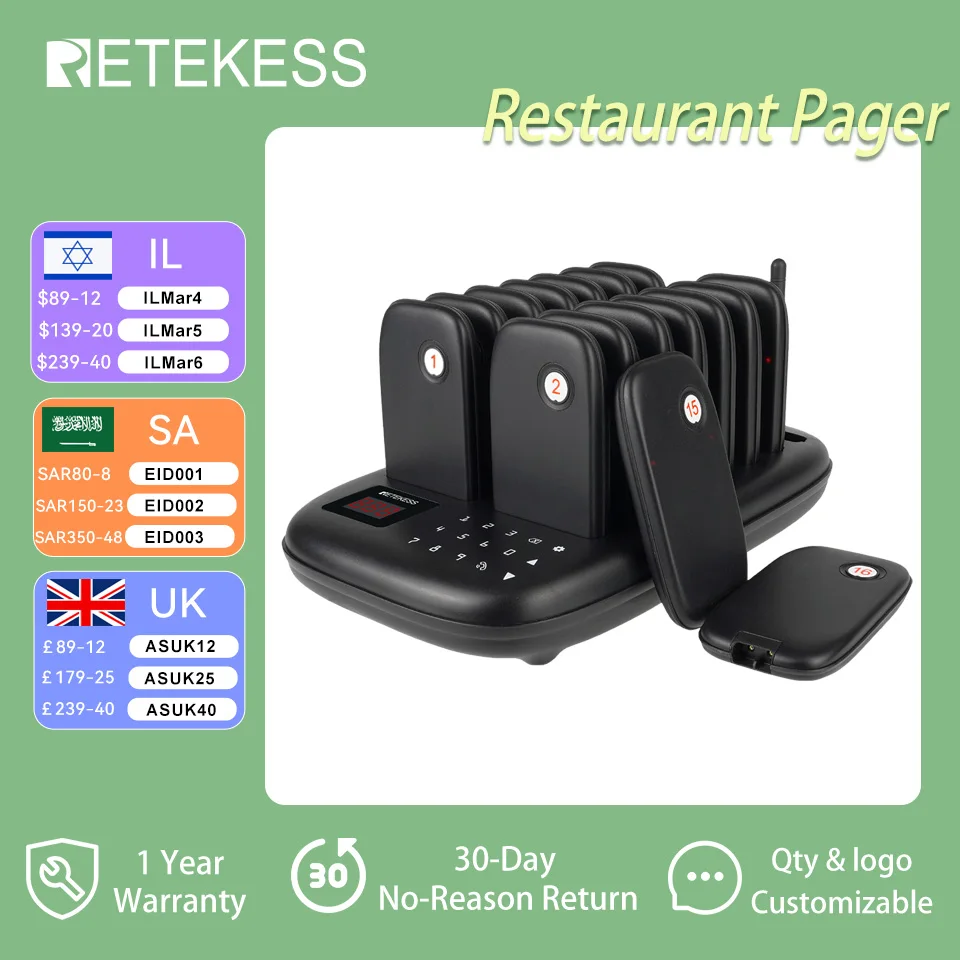 Retekess TD175 Restaurant Pager Wireless Calling System Vibrator Coaster Buzzer Beeper Receivers For Food Truck Cafe Bar Clinic